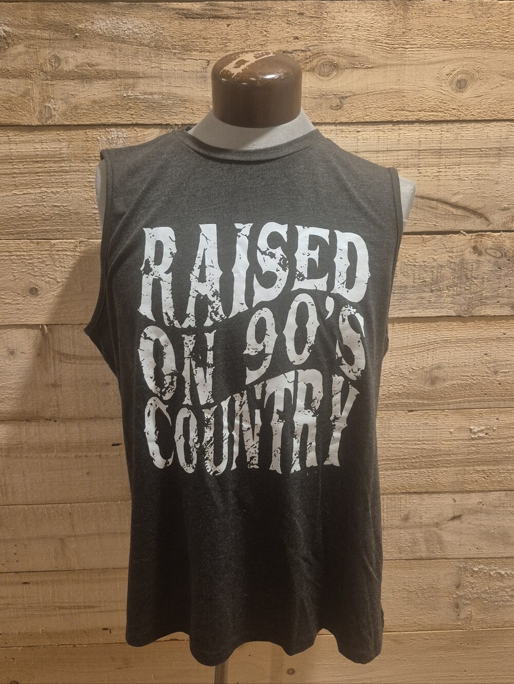 Women's Charcoal Sleeveless Graphic Tee - Raised on 90's Country